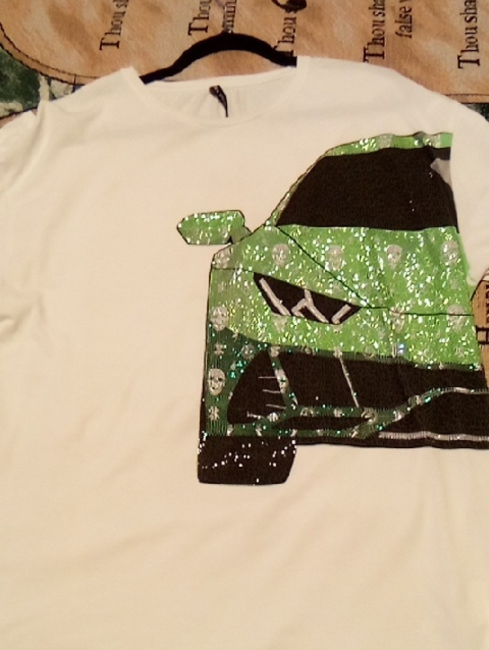 White Short-Sleeve Tee with Green Sparkle Car Graphic